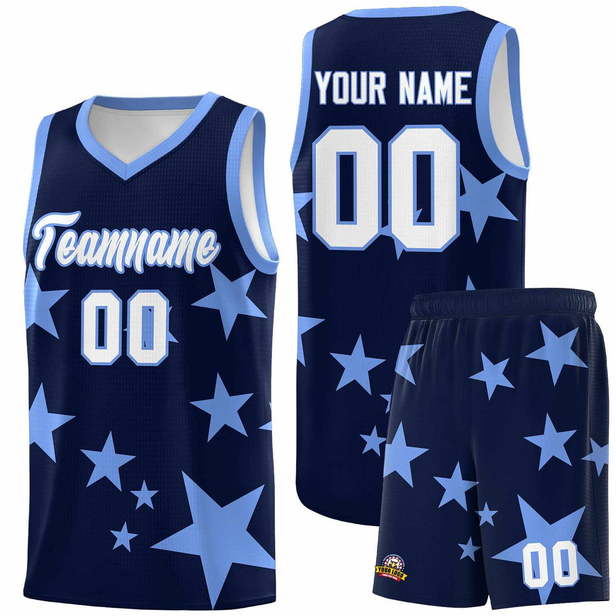 Custom Navy Light Blue Graffiti Pattern Star Print Basketball Kits Sets