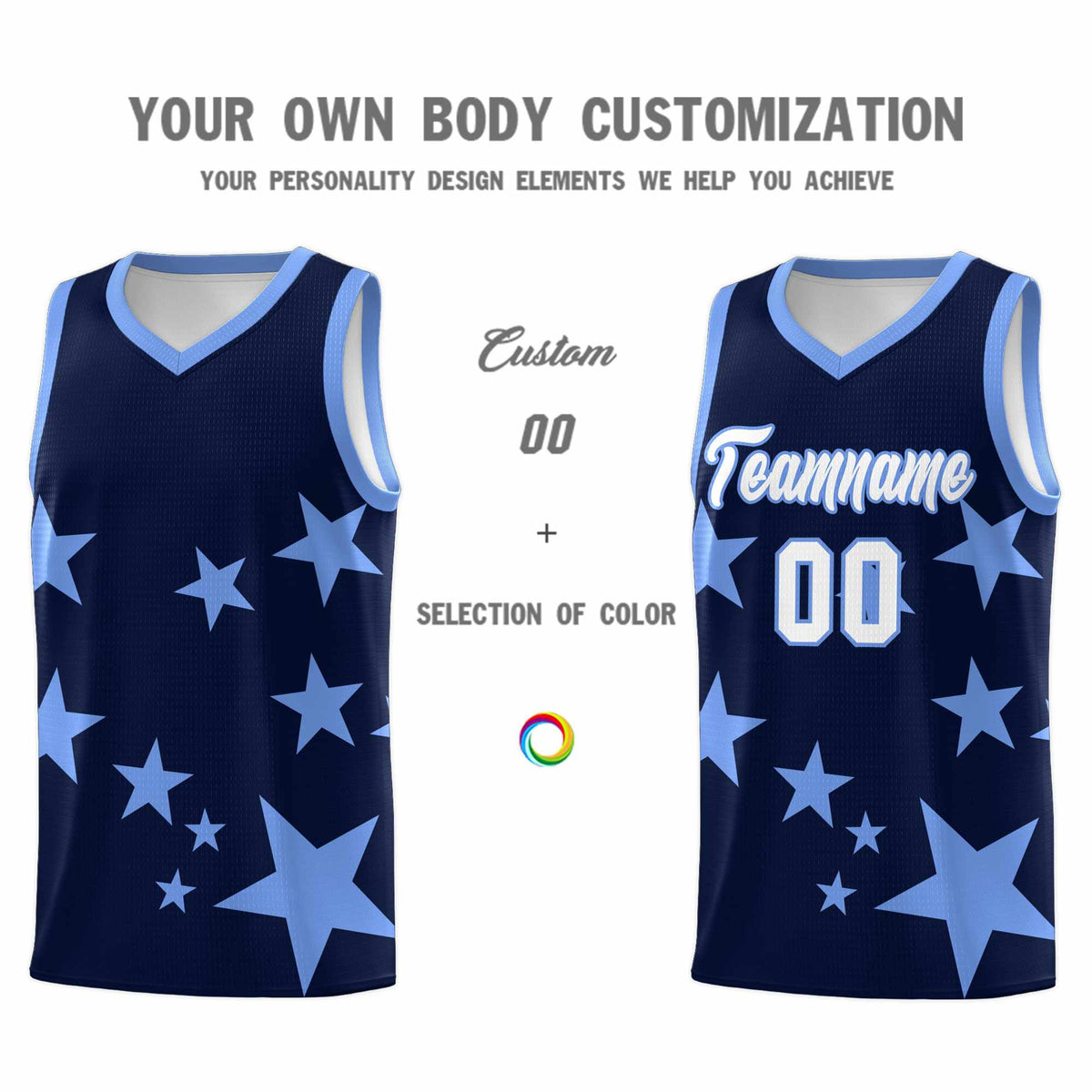 Custom Navy Light Blue Graffiti Pattern Star Print Basketball Kits Sets