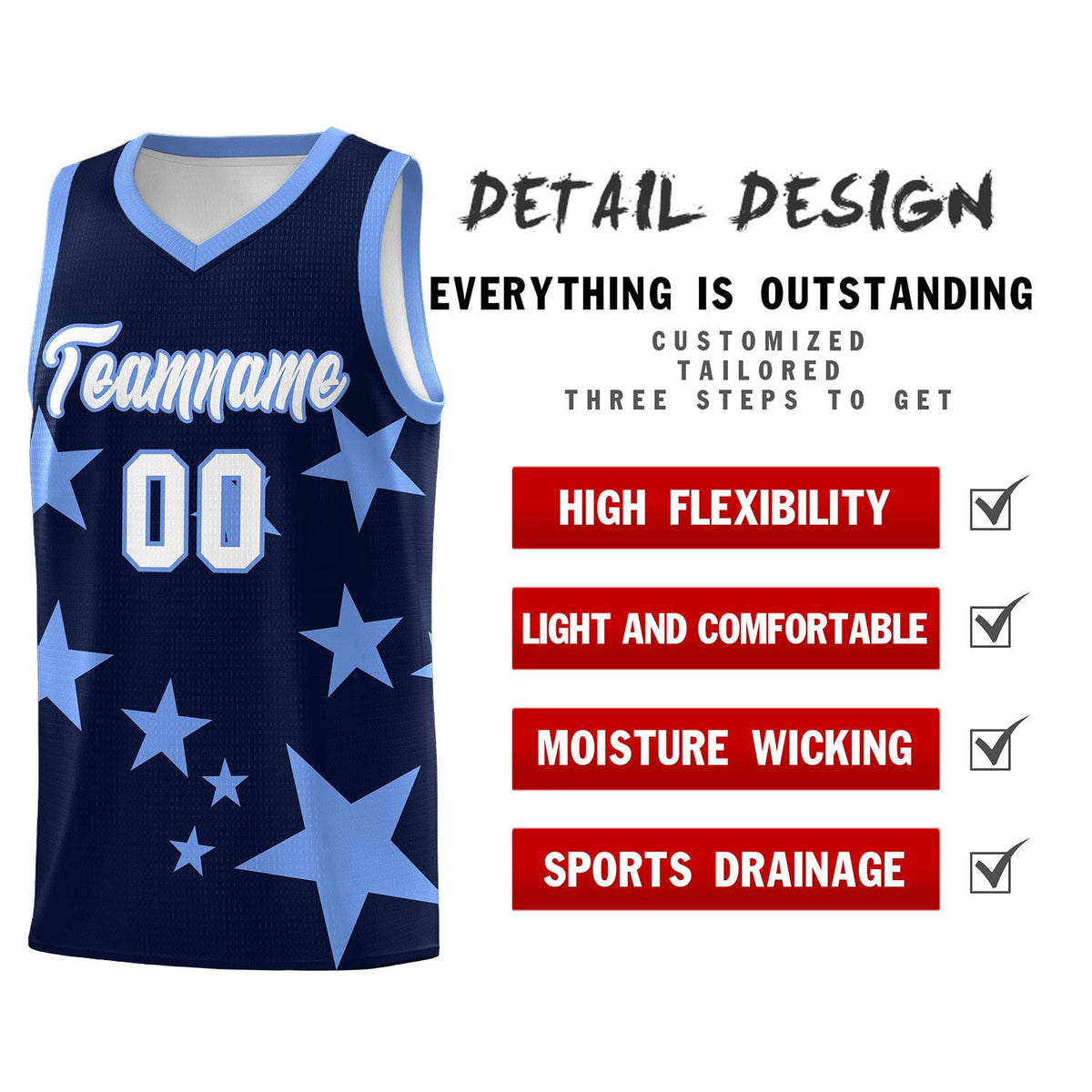Custom Navy Light Blue Graffiti Pattern Star Print Basketball Kits Sets