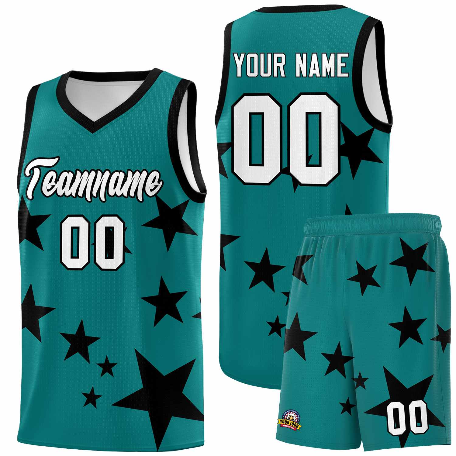 Custom Aqua Black Graffiti Pattern Star Print Basketball Kits Sets