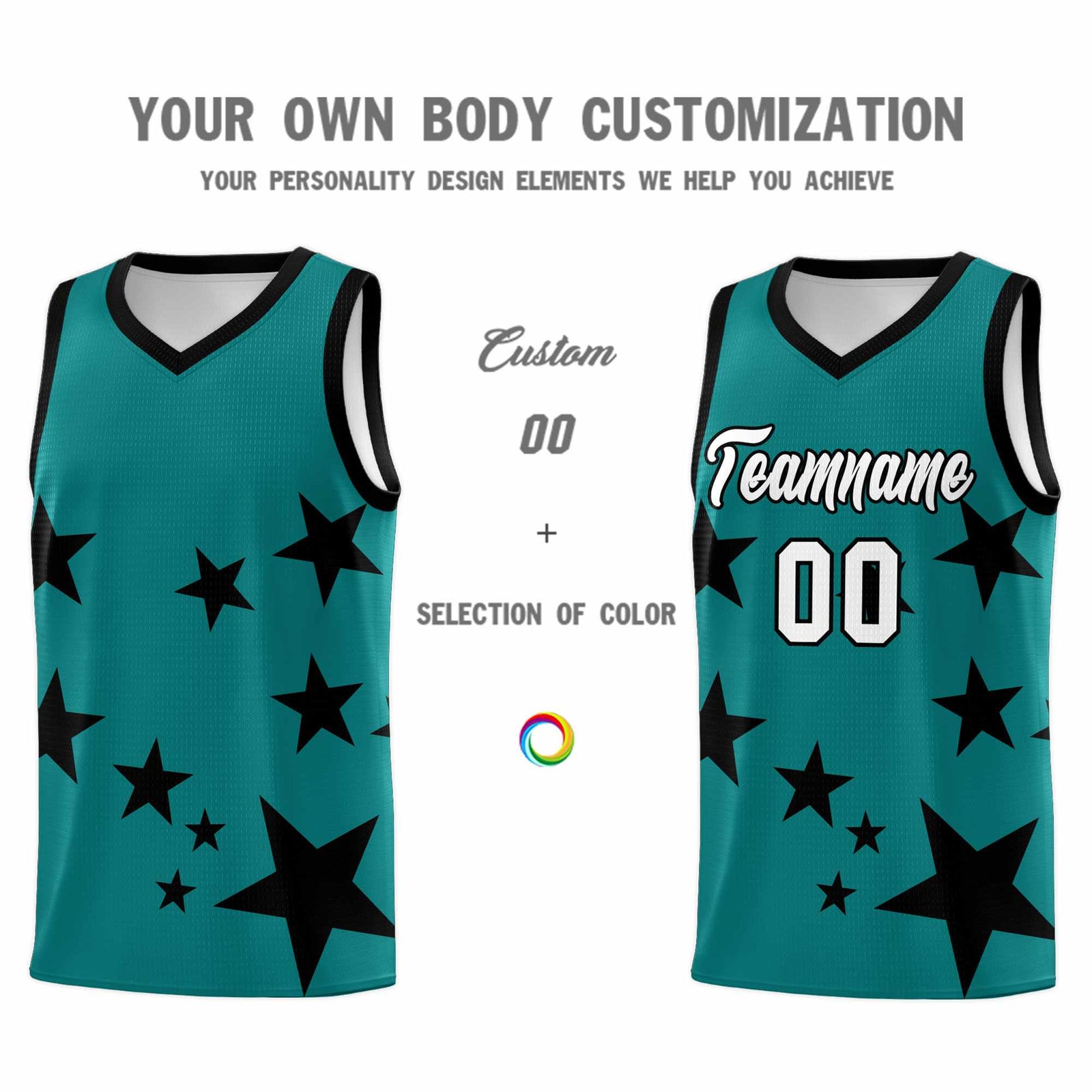 Custom Aqua Black Graffiti Pattern Star Print Basketball Kits Sets