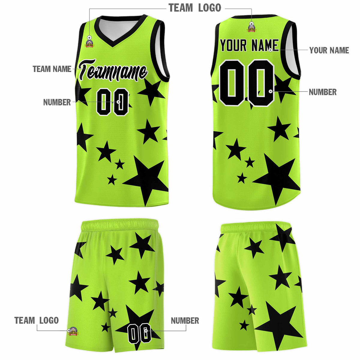 Custom Light Green Black Graffiti Pattern Star Print Basketball Kits Sets