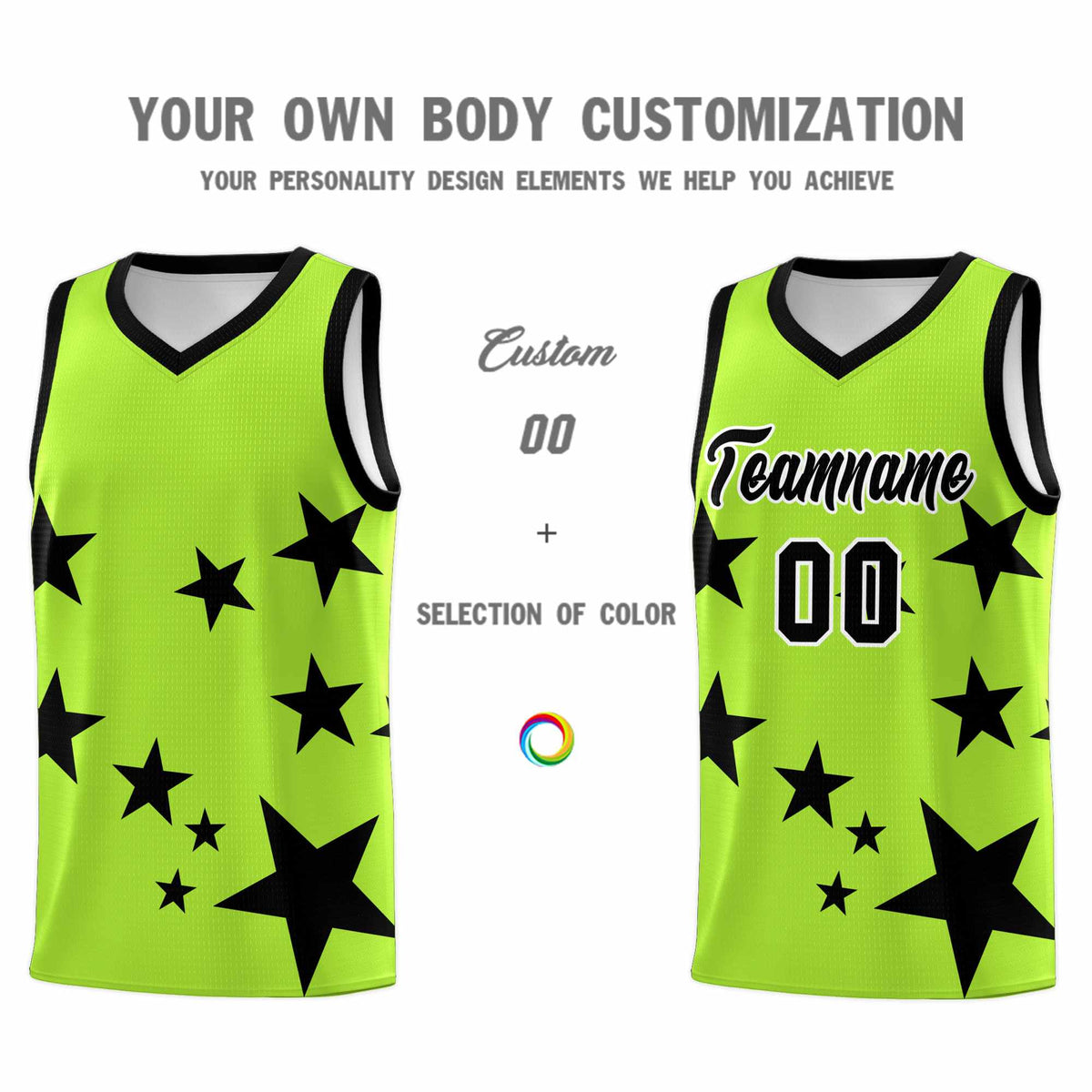 Custom Light Green Black Graffiti Pattern Star Print Basketball Kits Sets