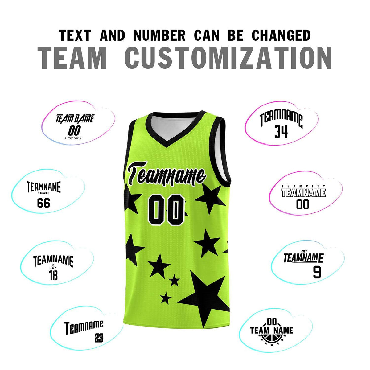 Custom Light Green Black Graffiti Pattern Star Print Basketball Kits Sets
