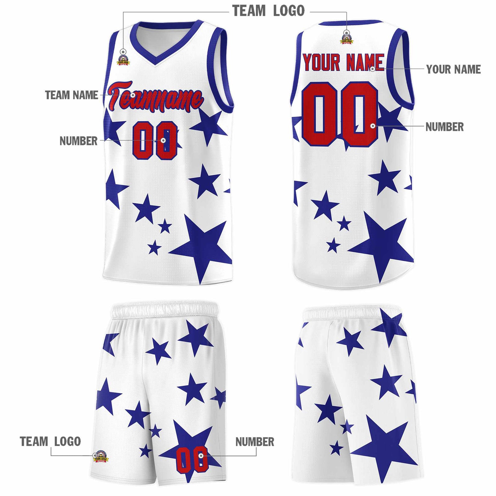 Custom White Royal Graffiti Pattern Star Print Basketball Kits Sets