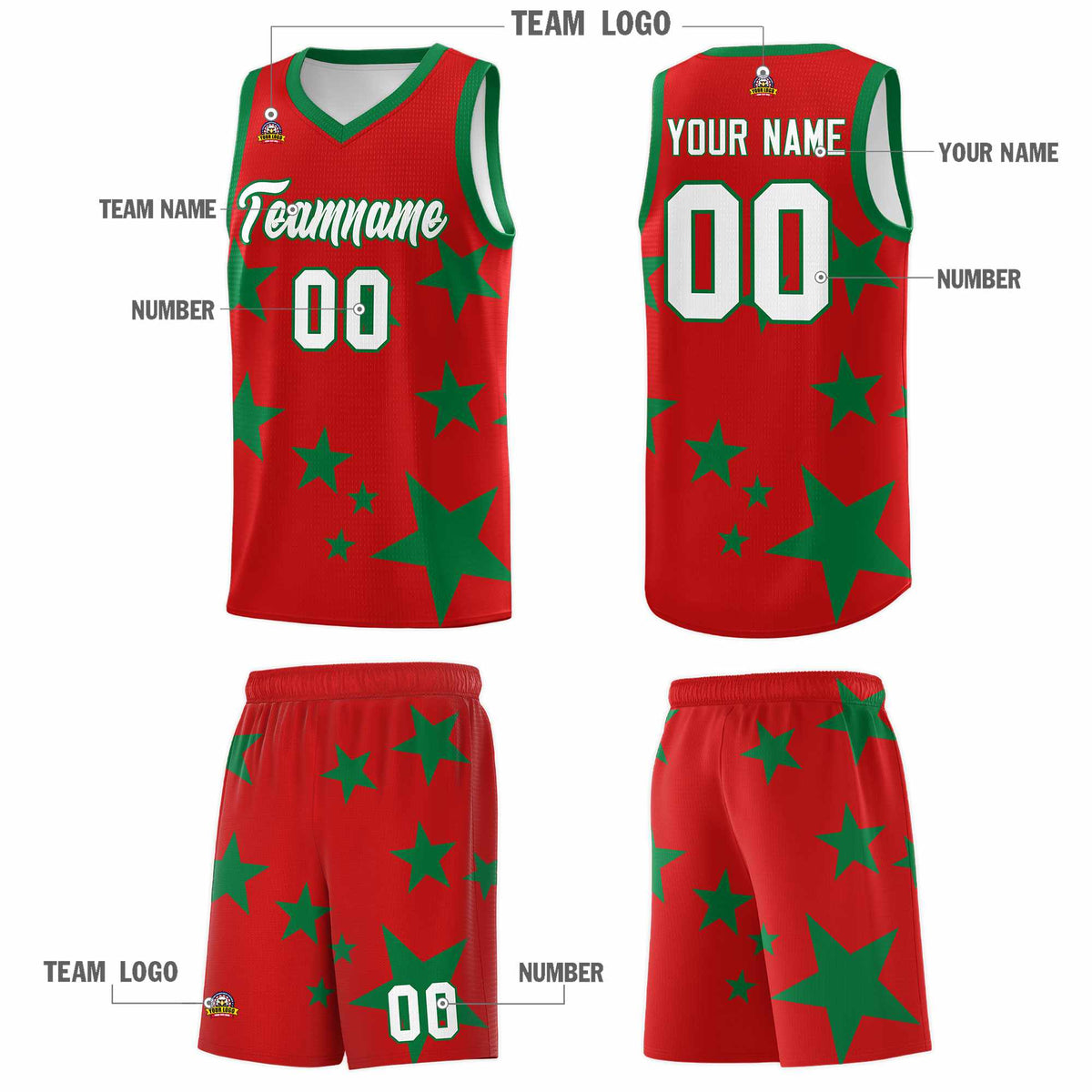 Custom Red Kelly Green Graffiti Pattern Star Print Basketball Kits Sets