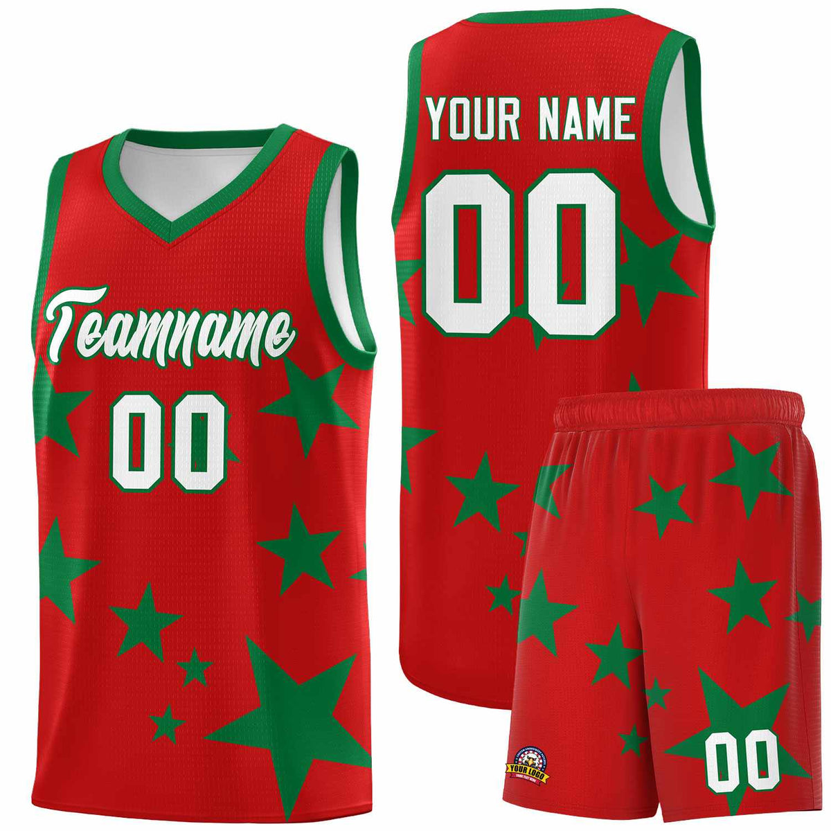 Custom Red Kelly Green Graffiti Pattern Star Print Basketball Kits Sets