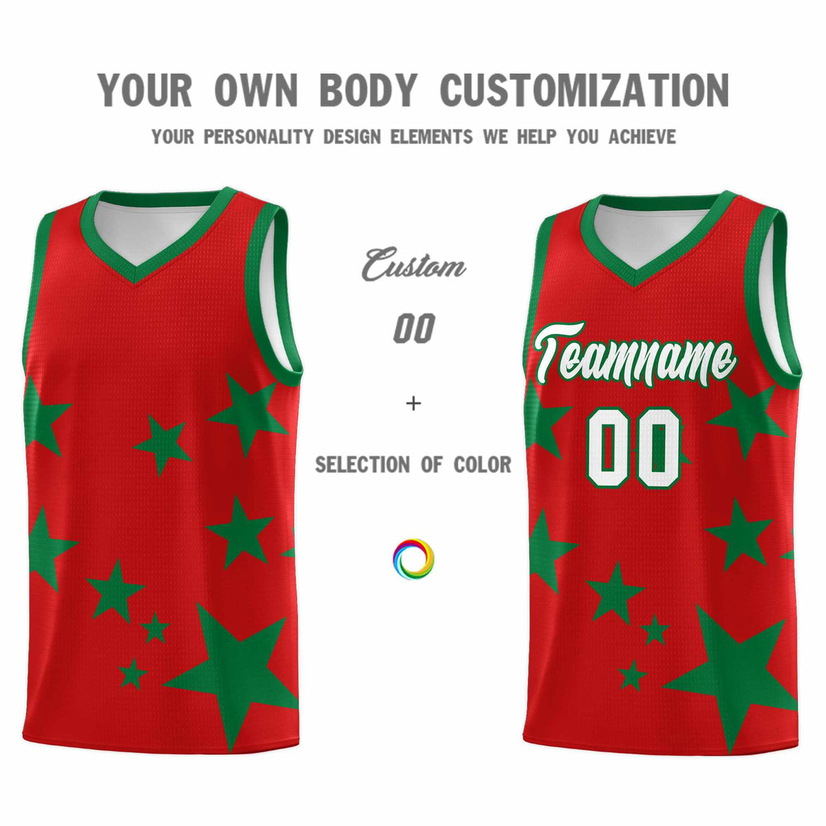 Custom Red Kelly Green Graffiti Pattern Star Print Basketball Kits Sets