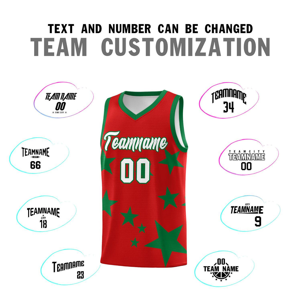 Custom Red Kelly Green Graffiti Pattern Star Print Basketball Kits Sets