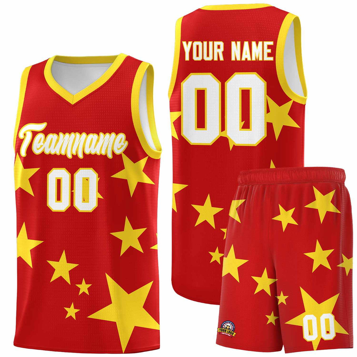 Custom Red Gold Graffiti Pattern Star Print Basketball Kits Sets