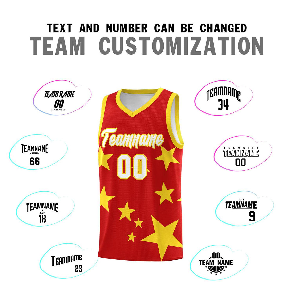 Custom Red Gold Graffiti Pattern Star Print Basketball Kits Sets
