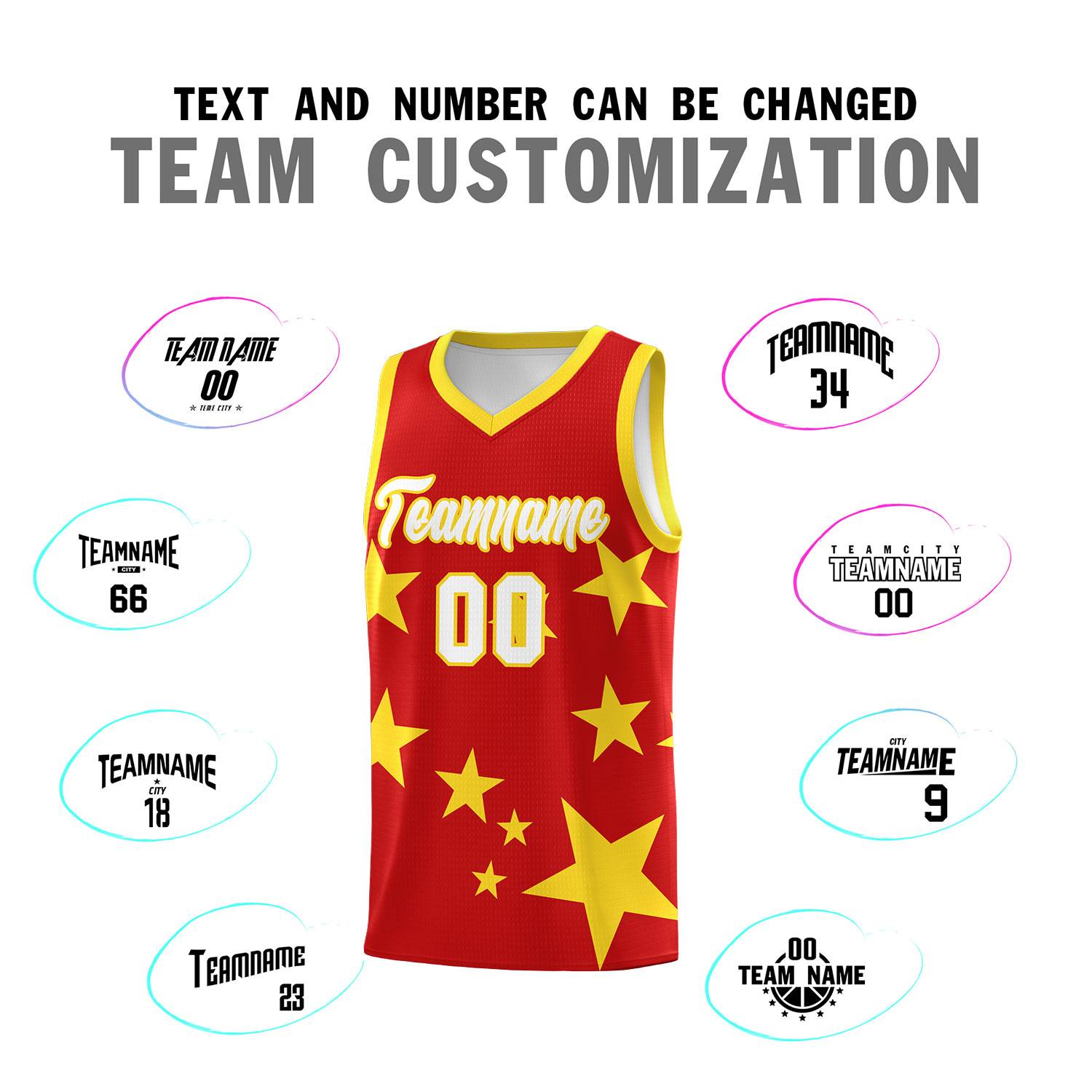 Custom Red Gold Graffiti Pattern Star Print Basketball Kits Sets