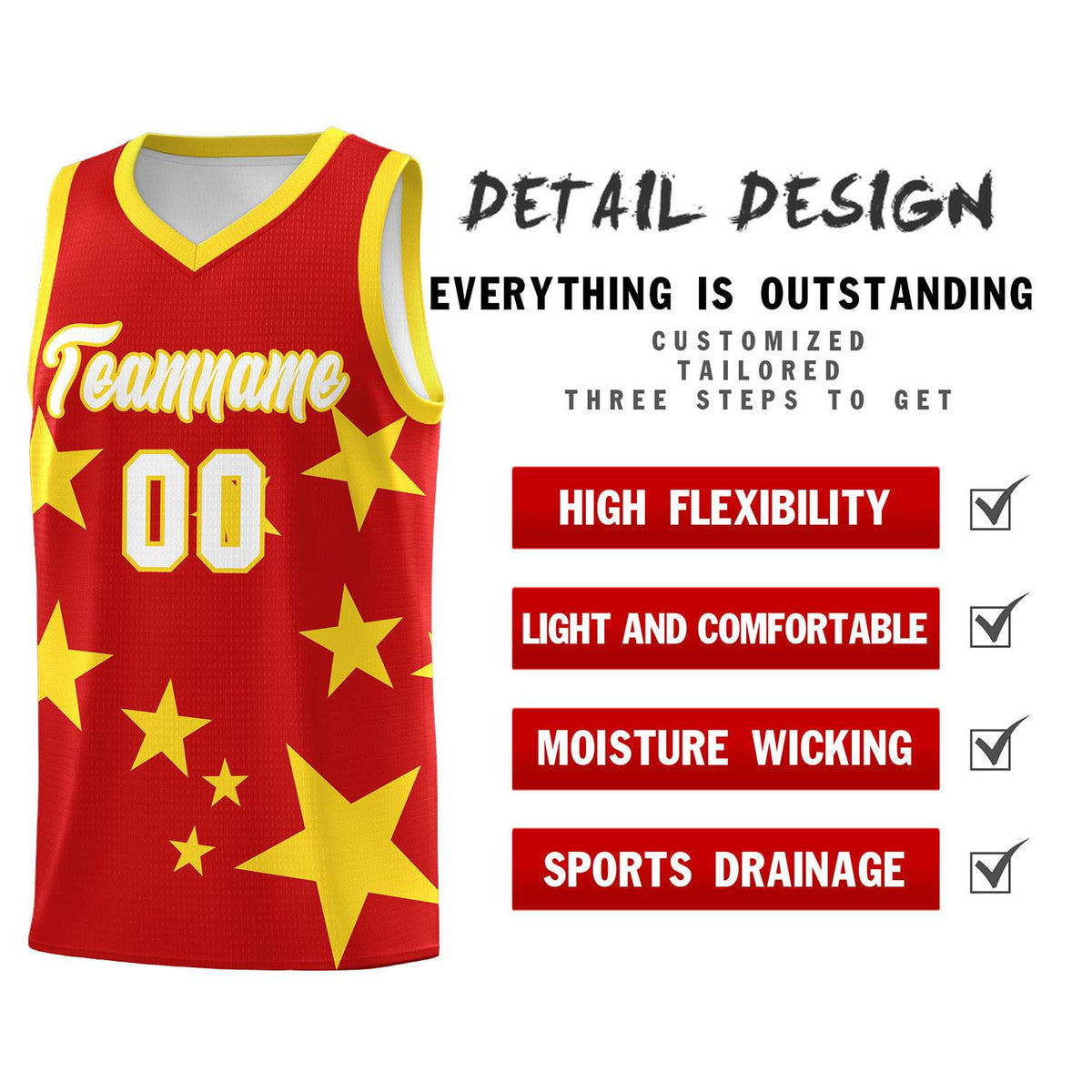 Custom Red Gold Graffiti Pattern Star Print Basketball Kits Sets