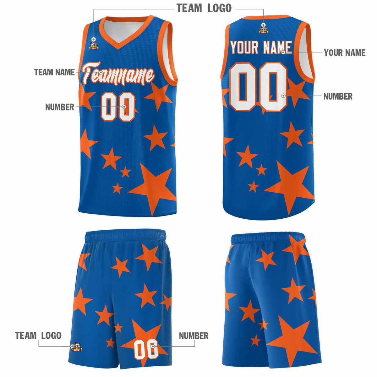 Custom Royal Orange Graffiti Pattern Star Print Basketball Kits Sets