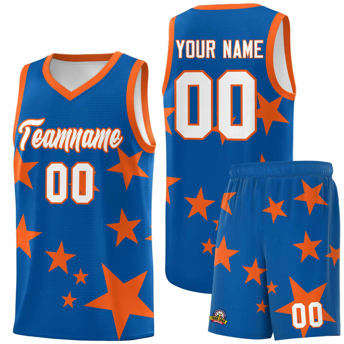 Custom Royal Orange Graffiti Pattern Star Print Basketball Kits Sets