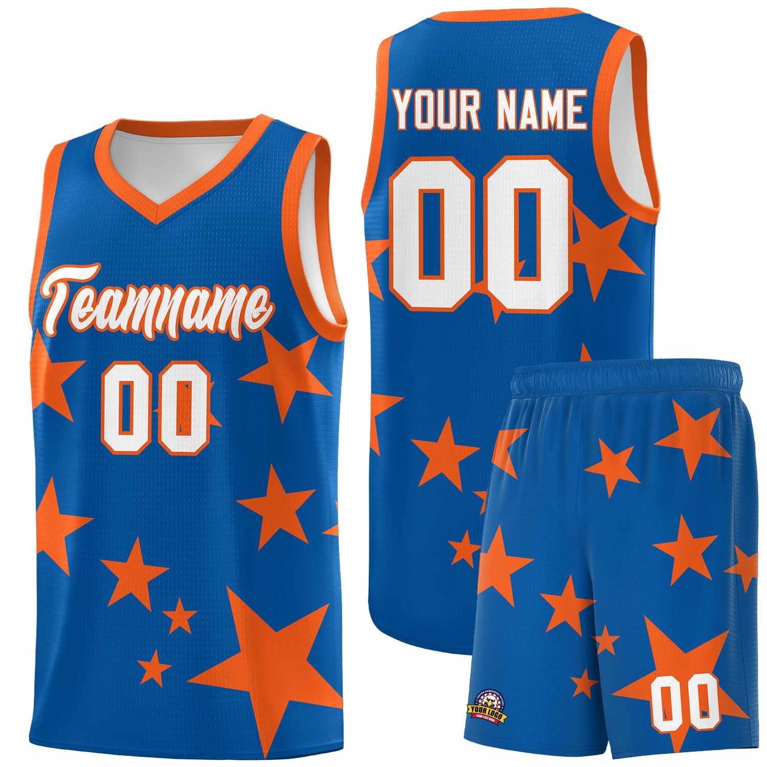 Custom Royal Orange Graffiti Pattern Star Print Basketball Kits Sets
