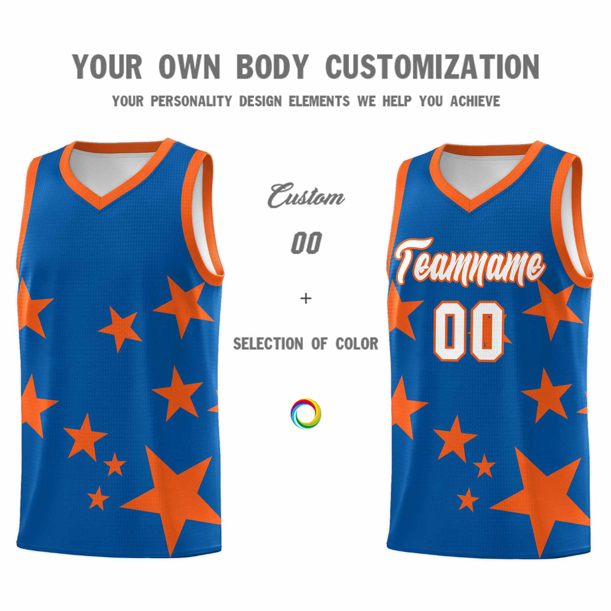 Custom Royal Orange Graffiti Pattern Star Print Basketball Kits Sets