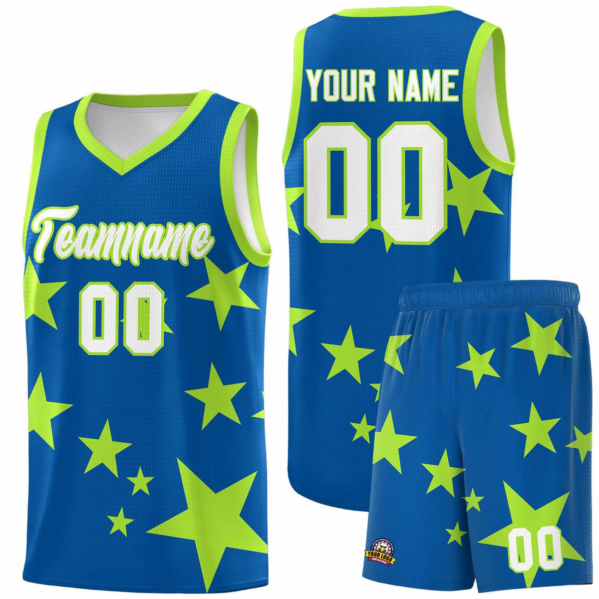 Custom Royal Light Green Graffiti Pattern Star Print Basketball Kits Sets