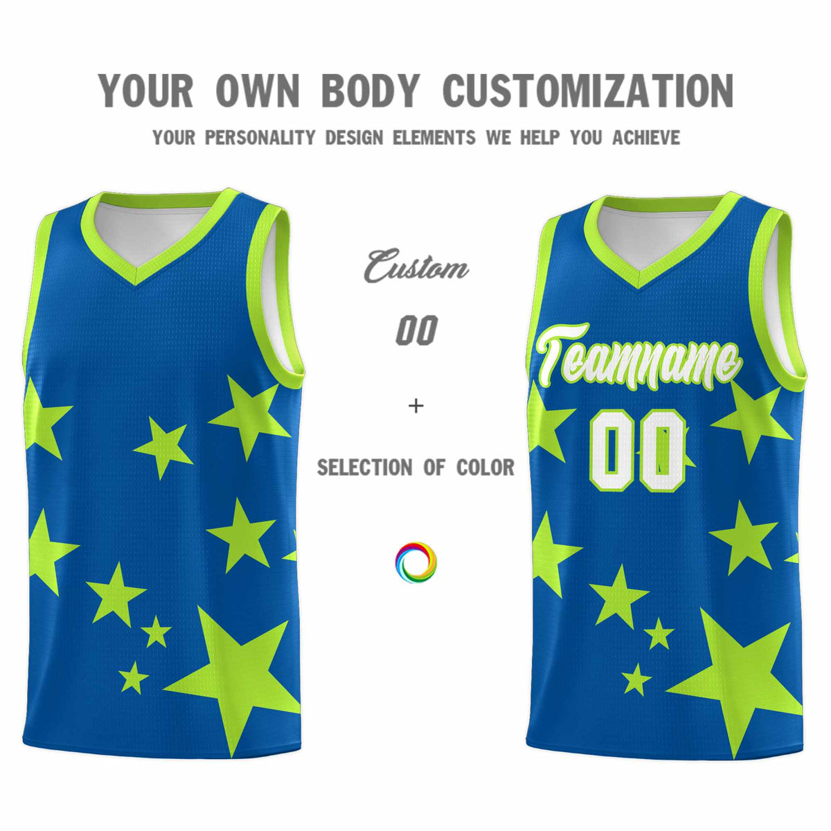 Custom Royal Light Green Graffiti Pattern Star Print Basketball Kits Sets