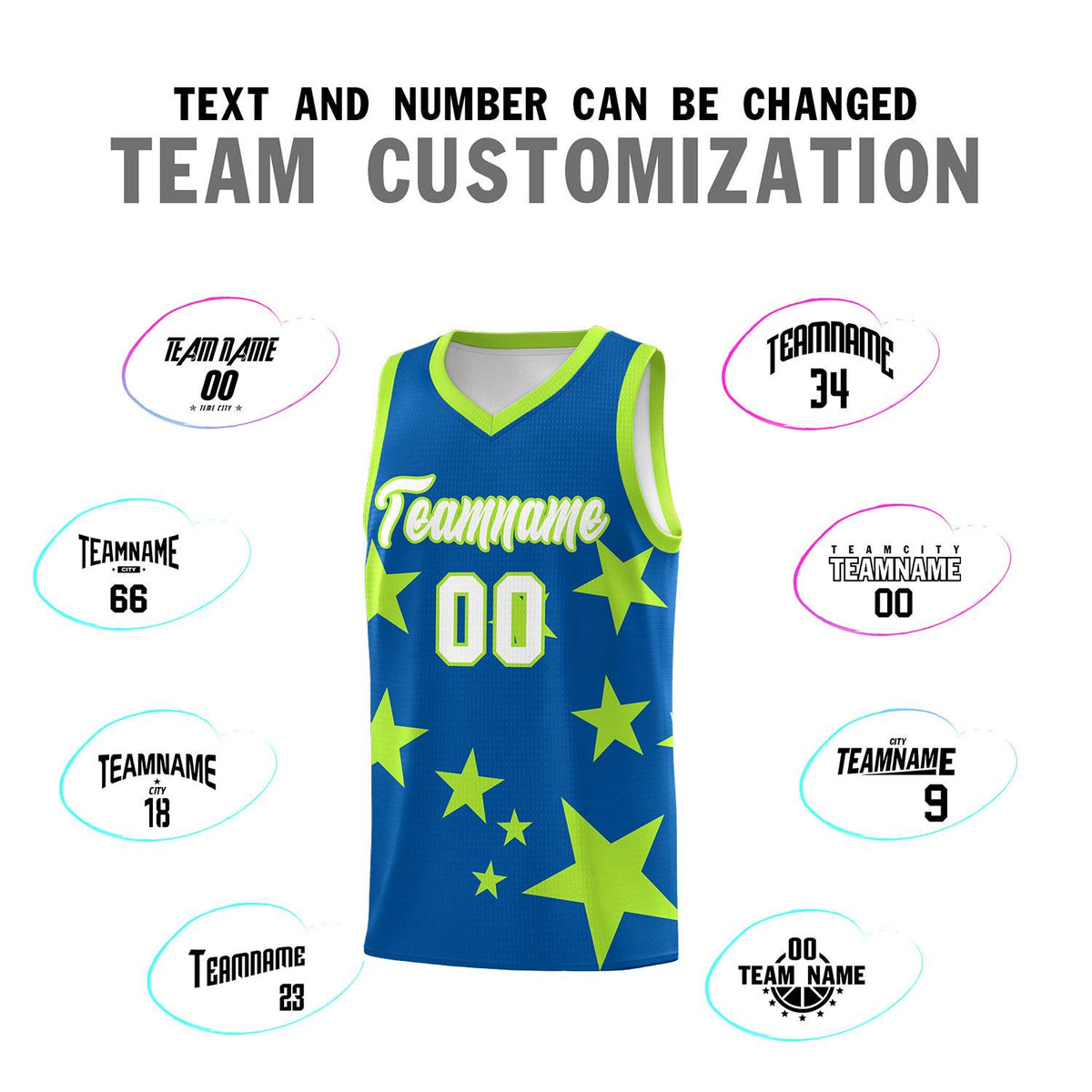 Custom Royal Light Green Graffiti Pattern Star Print Basketball Kits Sets