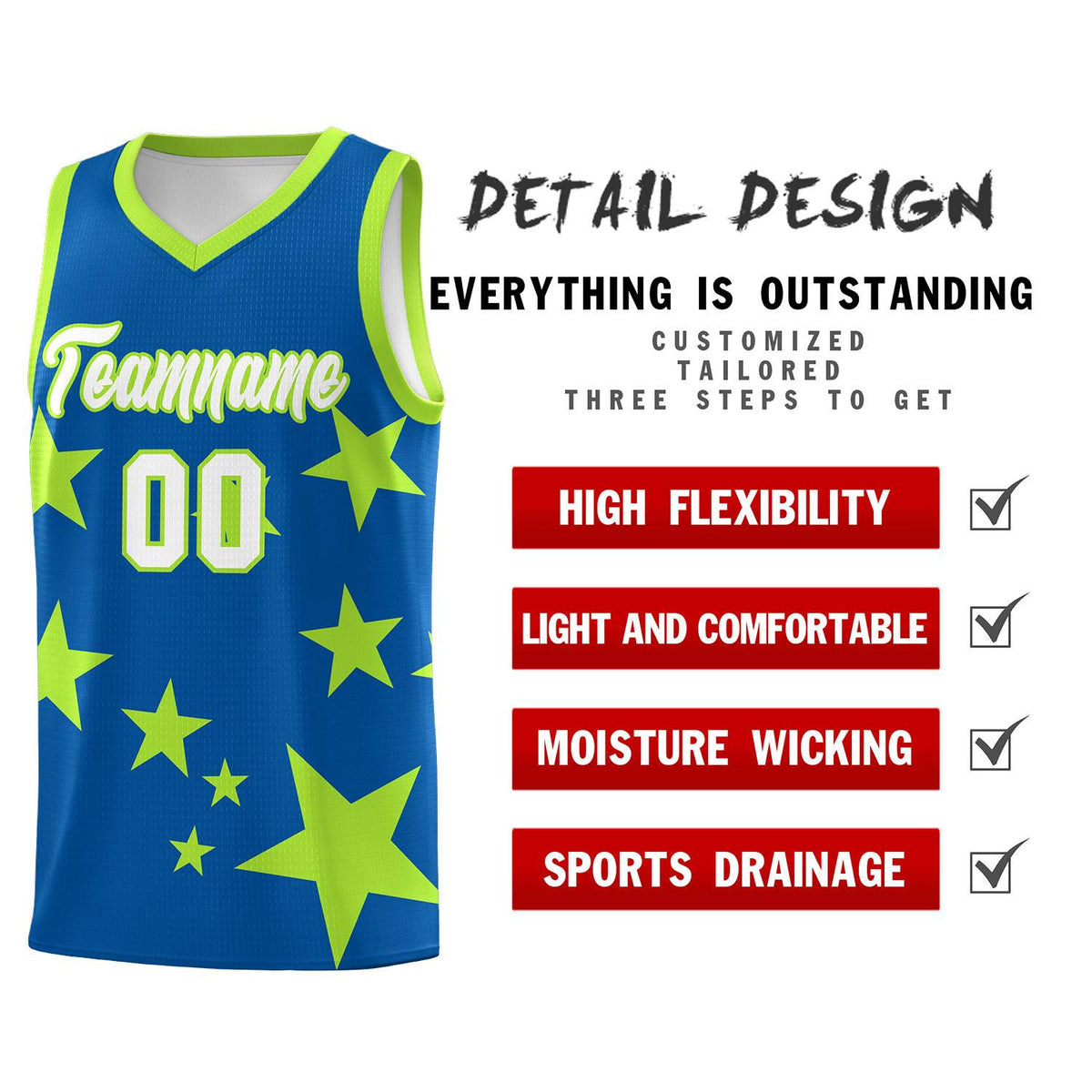 Custom Royal Light Green Graffiti Pattern Star Print Basketball Kits Sets
