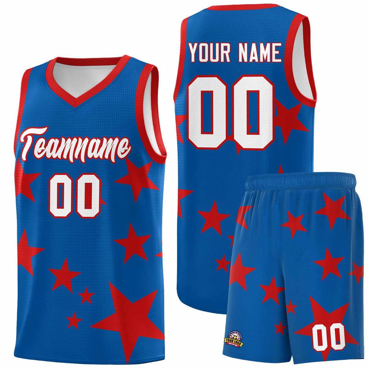 Custom Royal Red Graffiti Pattern Star Print Basketball Kits Sets