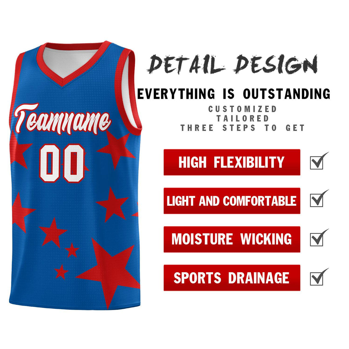 Custom Royal Red Graffiti Pattern Star Print Basketball Kits Sets