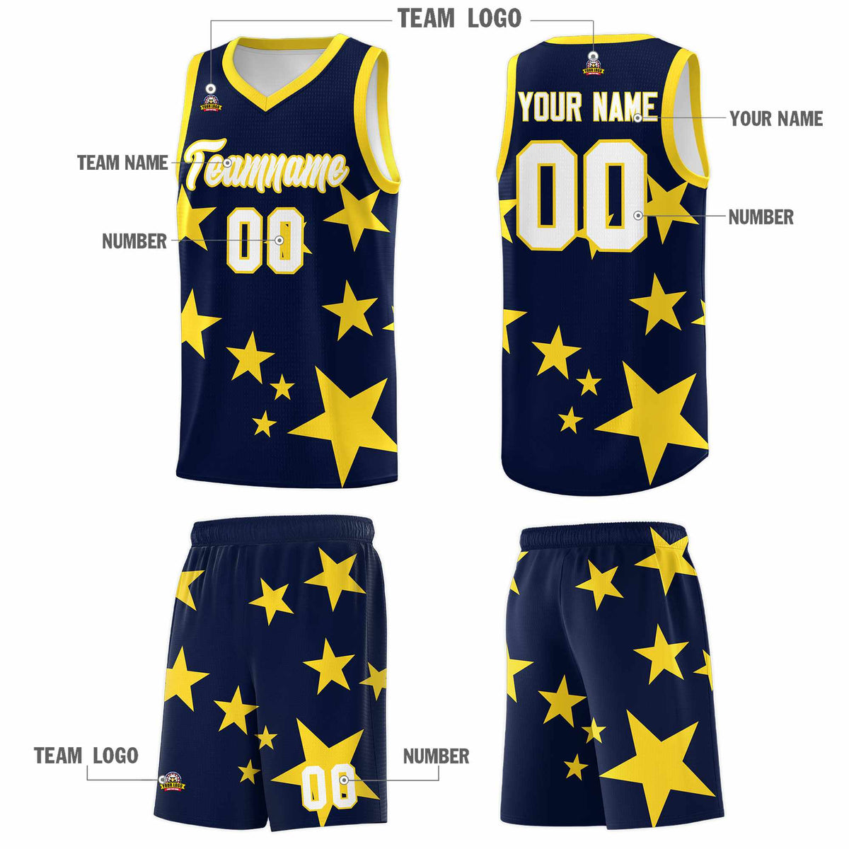 Custom Navy Gold Graffiti Pattern Star Print Basketball Kits Sets