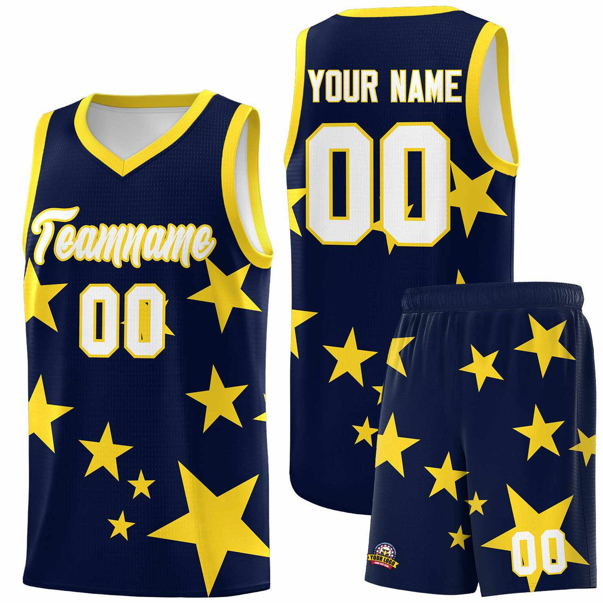Custom Navy Gold Graffiti Pattern Star Print Basketball Kits Sets