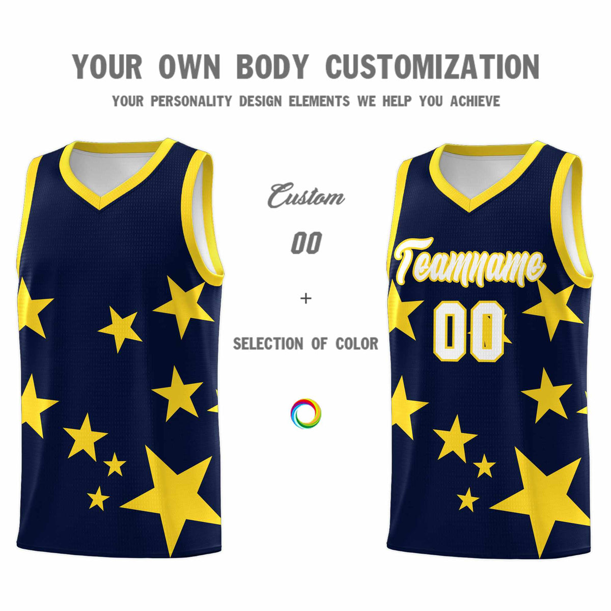 Custom Navy Gold Graffiti Pattern Star Print Basketball Kits Sets