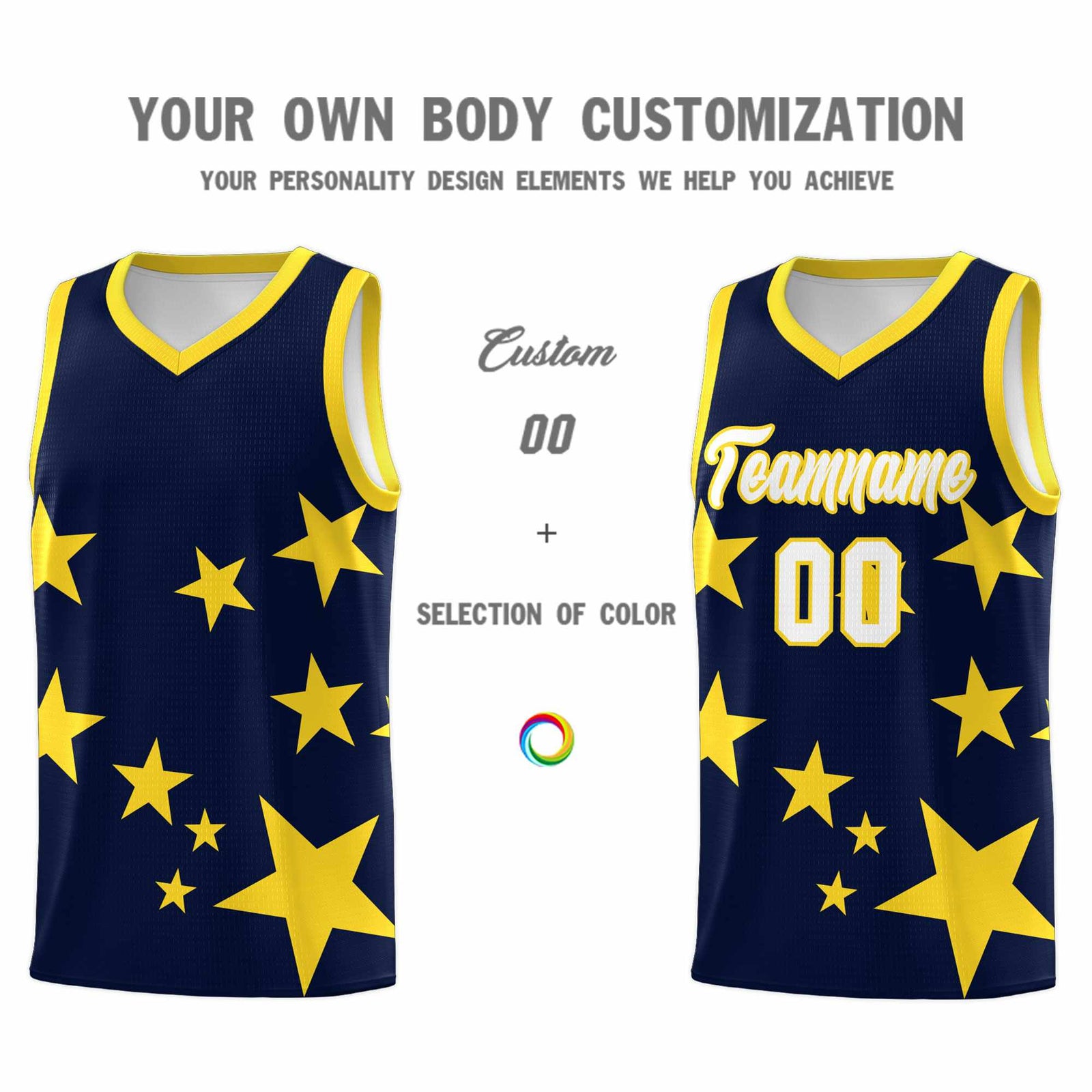 Custom Navy Gold Graffiti Pattern Star Print Basketball Kits Sets