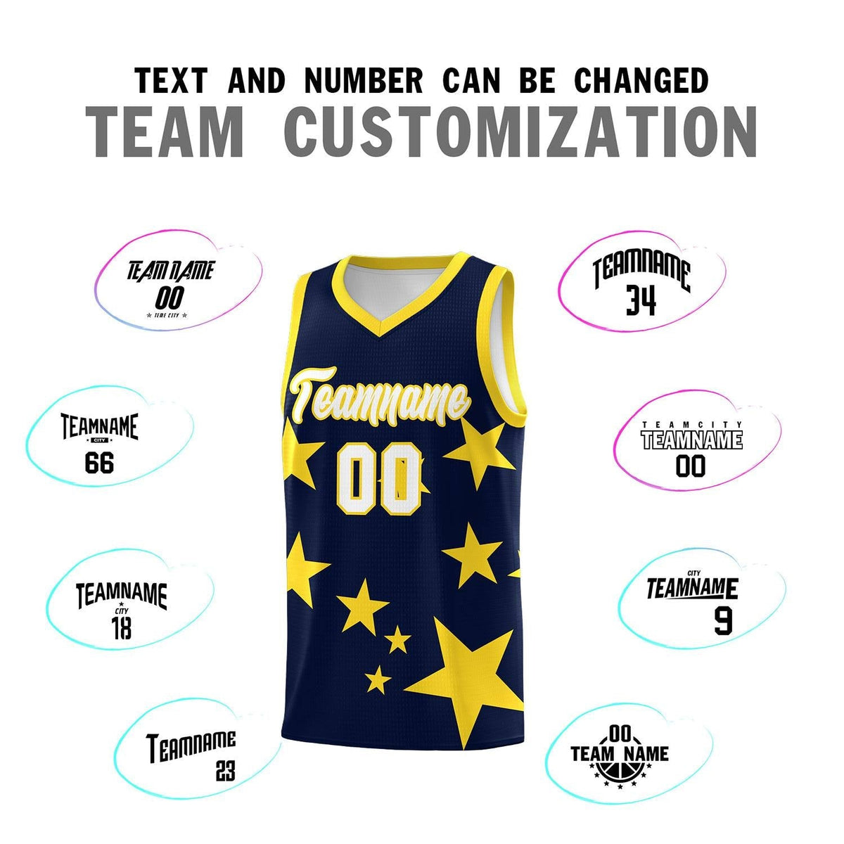 Custom Navy Gold Graffiti Pattern Star Print Basketball Kits Sets