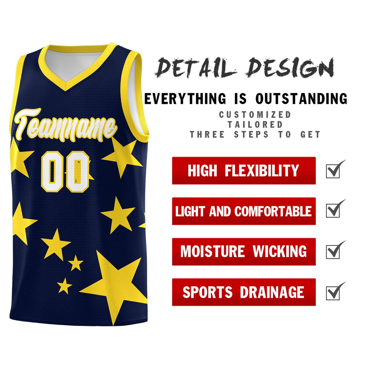 Custom Navy Gold Graffiti Pattern Star Print Basketball Kits Sets