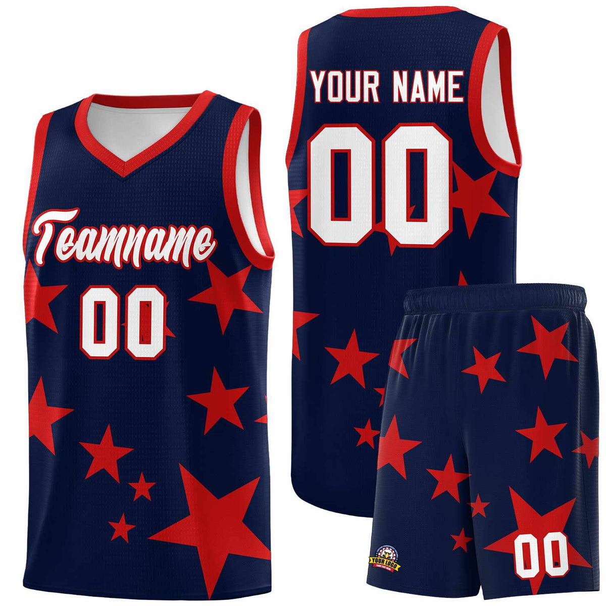 Custom Navy Red Graffiti Pattern Star Print Basketball Kits Sets