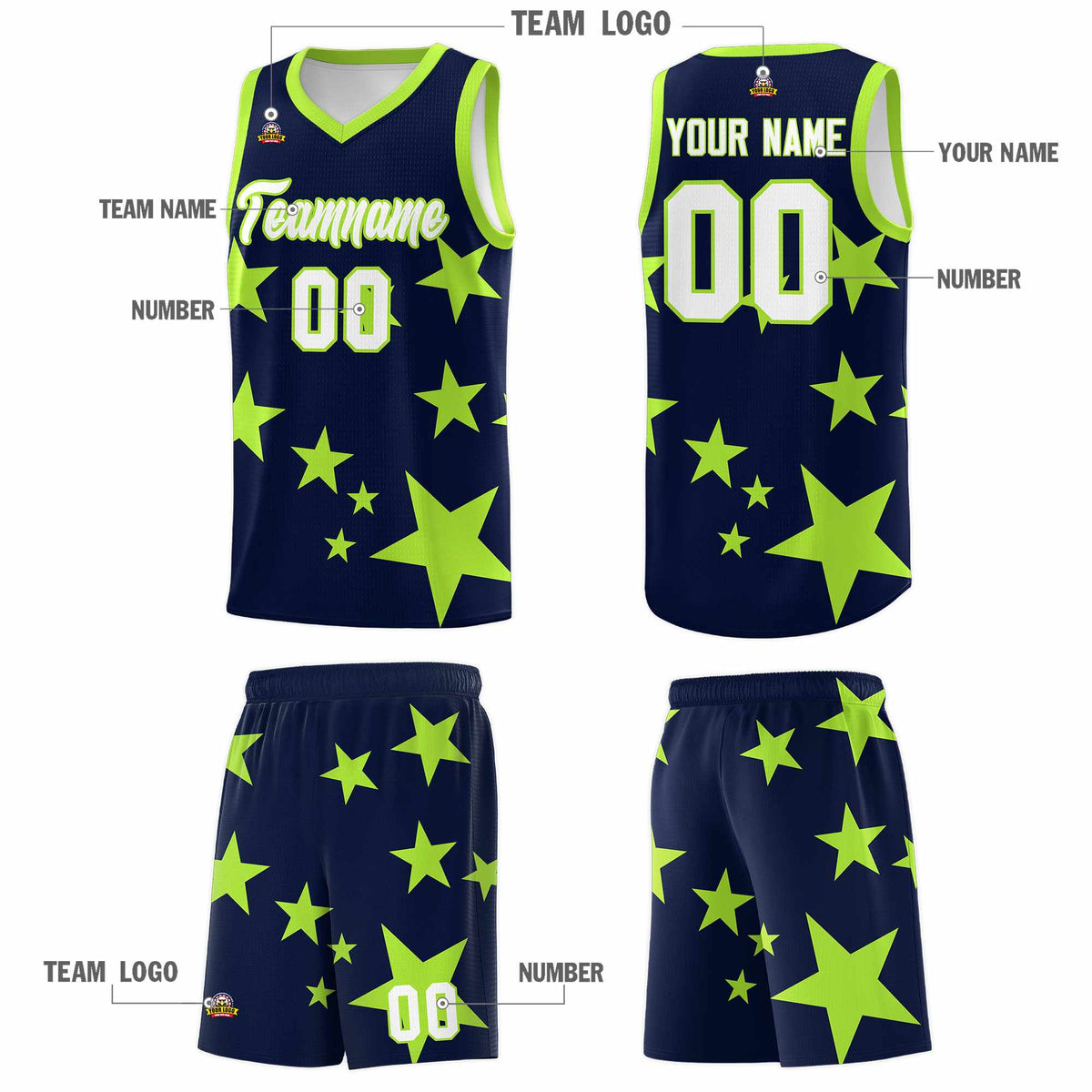 Custom Navy Light Green Graffiti Pattern Star Print Basketball Kits Sets