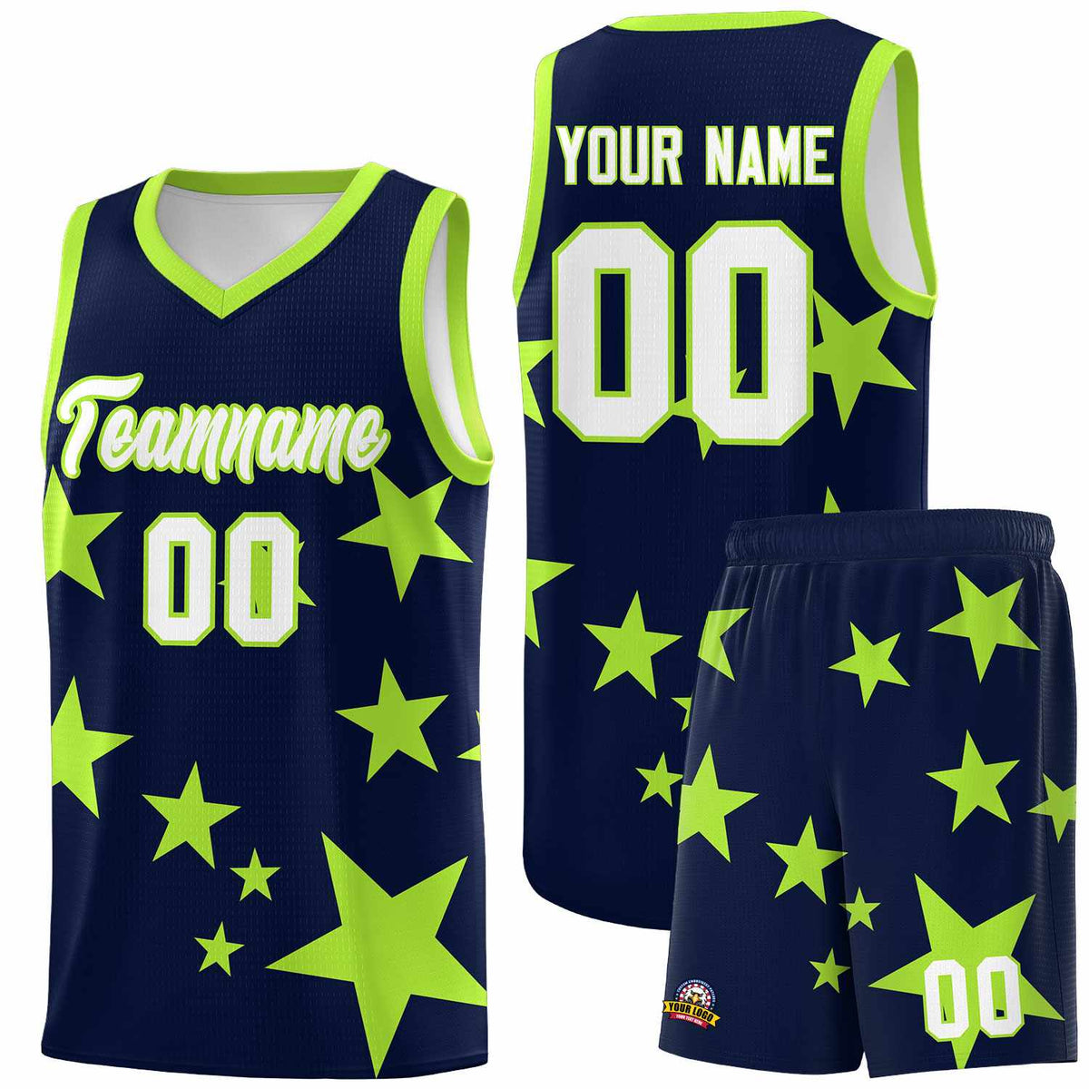 Custom Navy Light Green Graffiti Pattern Star Print Basketball Kits Sets