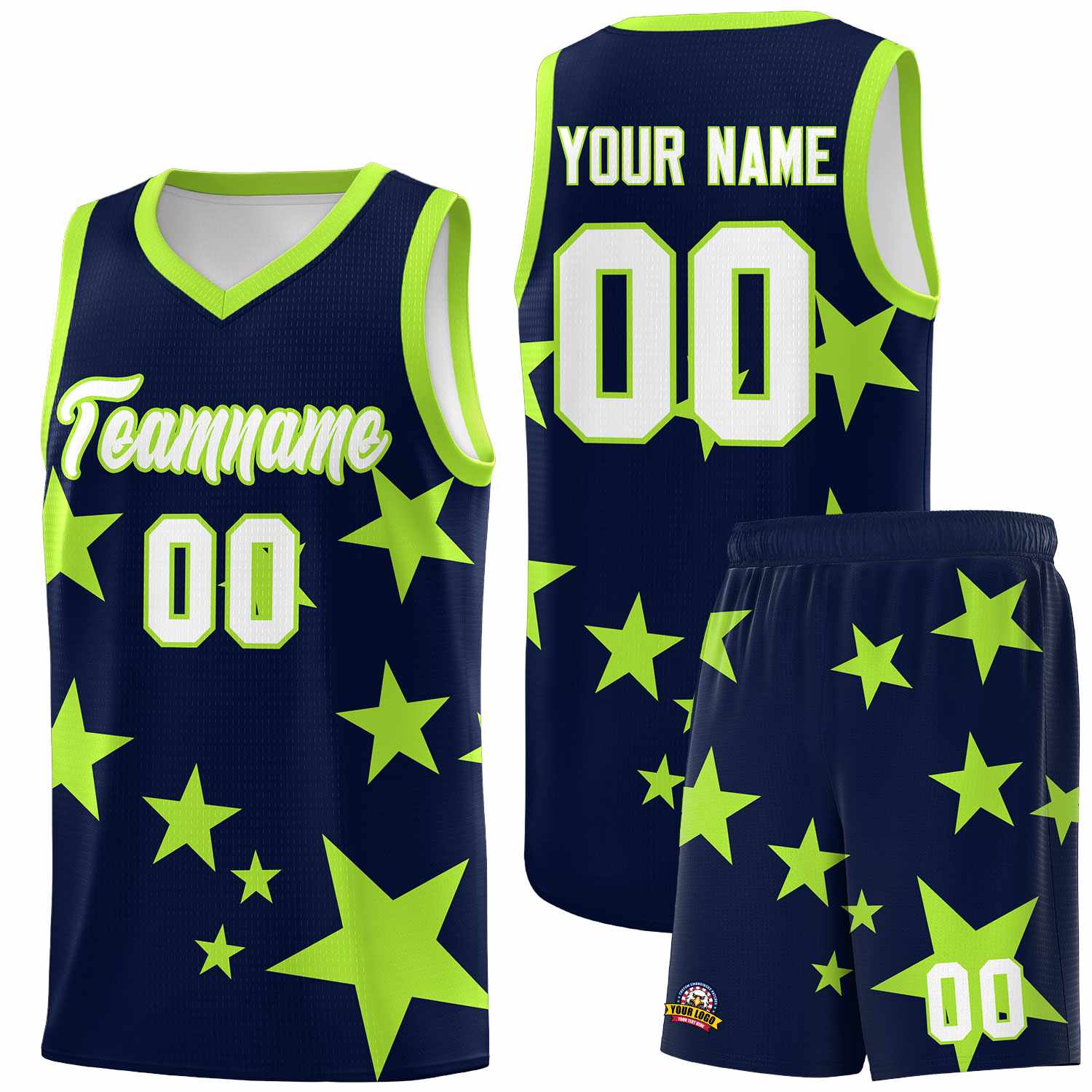 Custom Navy Light Green Graffiti Pattern Star Print Basketball Kits Sets