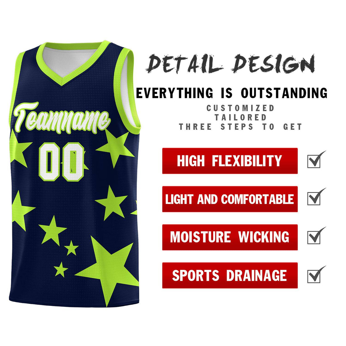 Custom Navy Light Green Graffiti Pattern Star Print Basketball Kits Sets