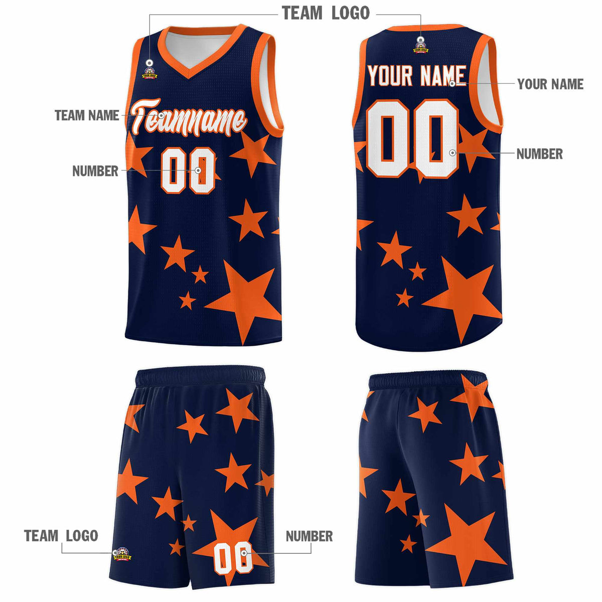 Custom Navy Orange Graffiti Pattern Star Print Basketball Kits Sets