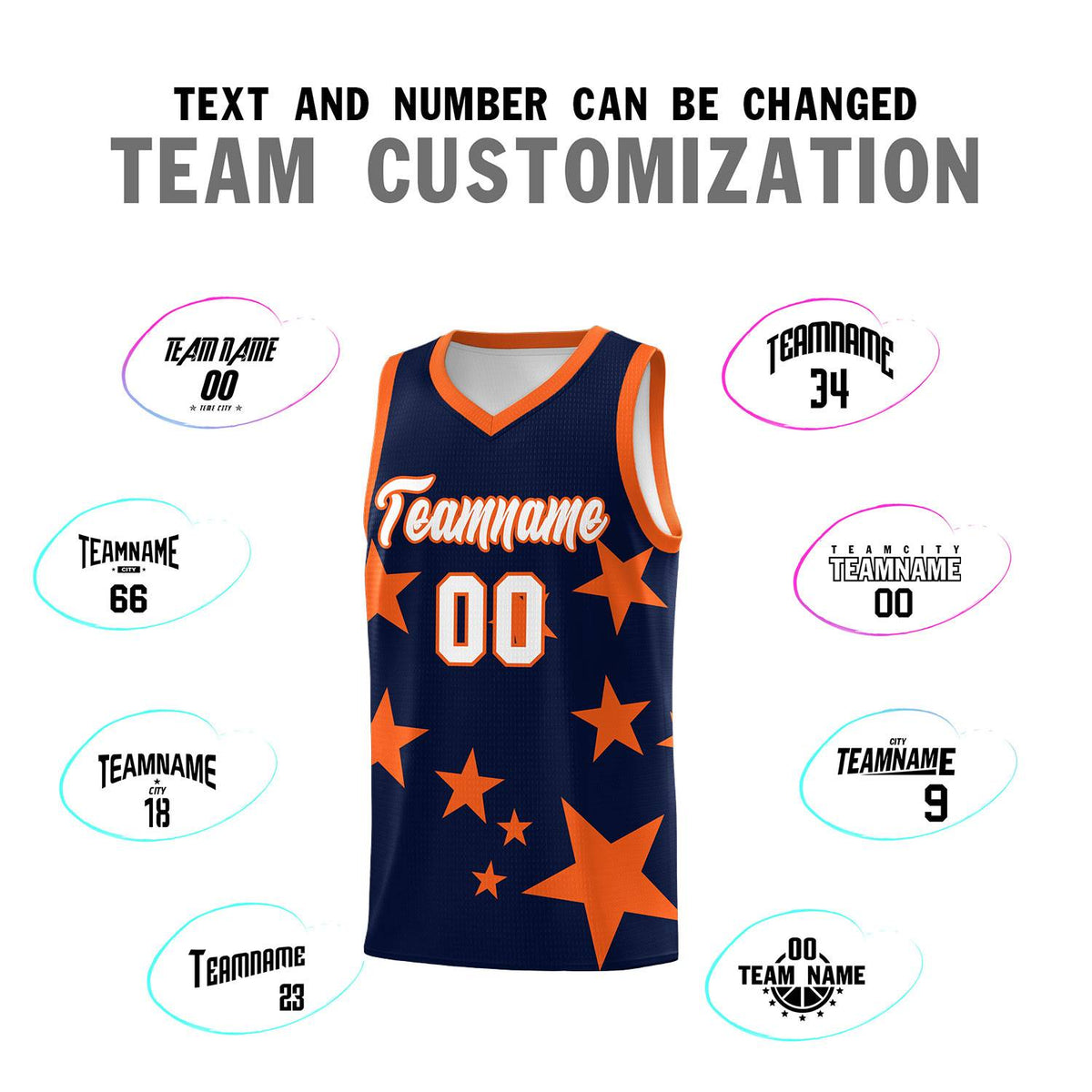 Custom Navy Orange Graffiti Pattern Star Print Basketball Kits Sets