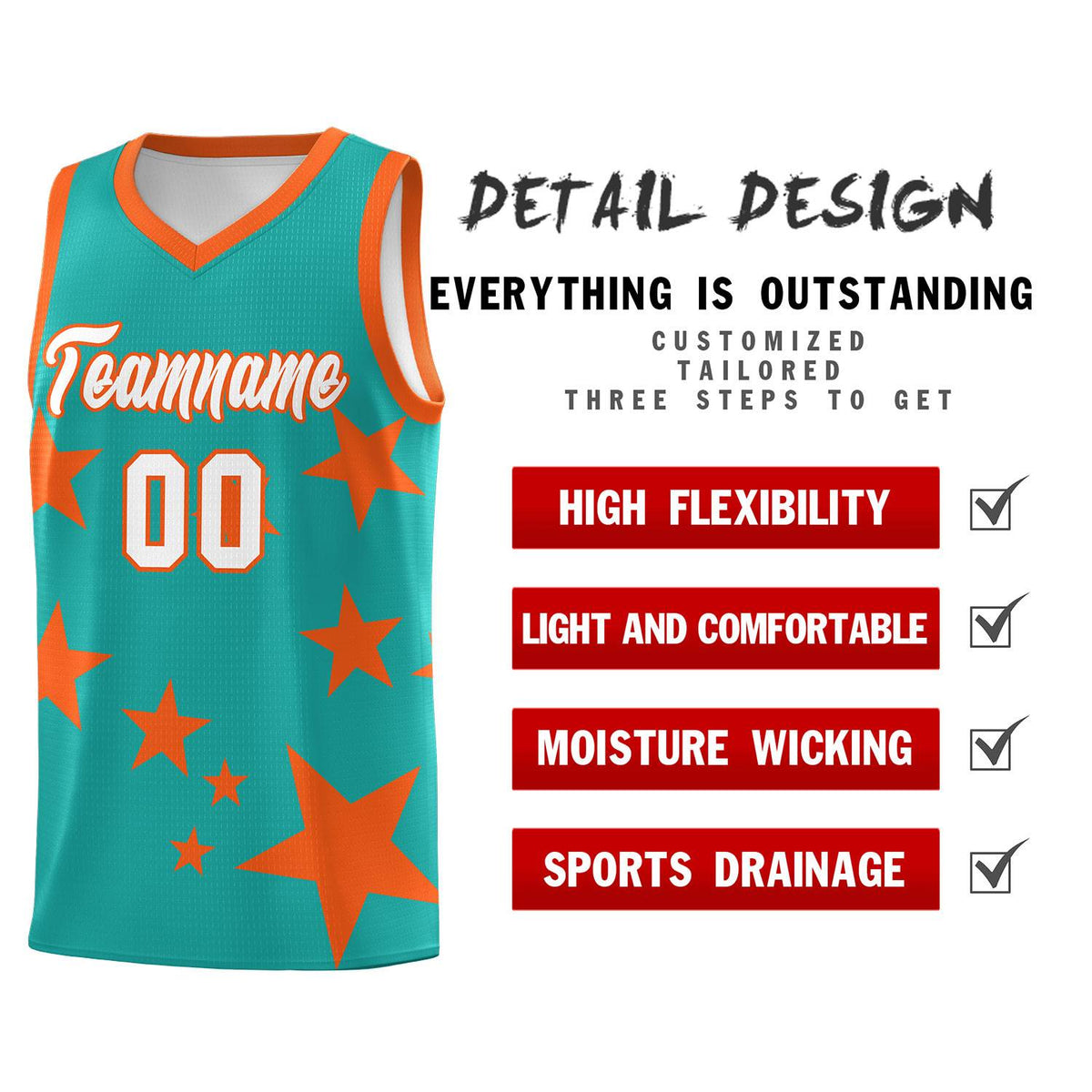 Custom Aqua Orange Graffiti Pattern Star Print Basketball Kits Sets