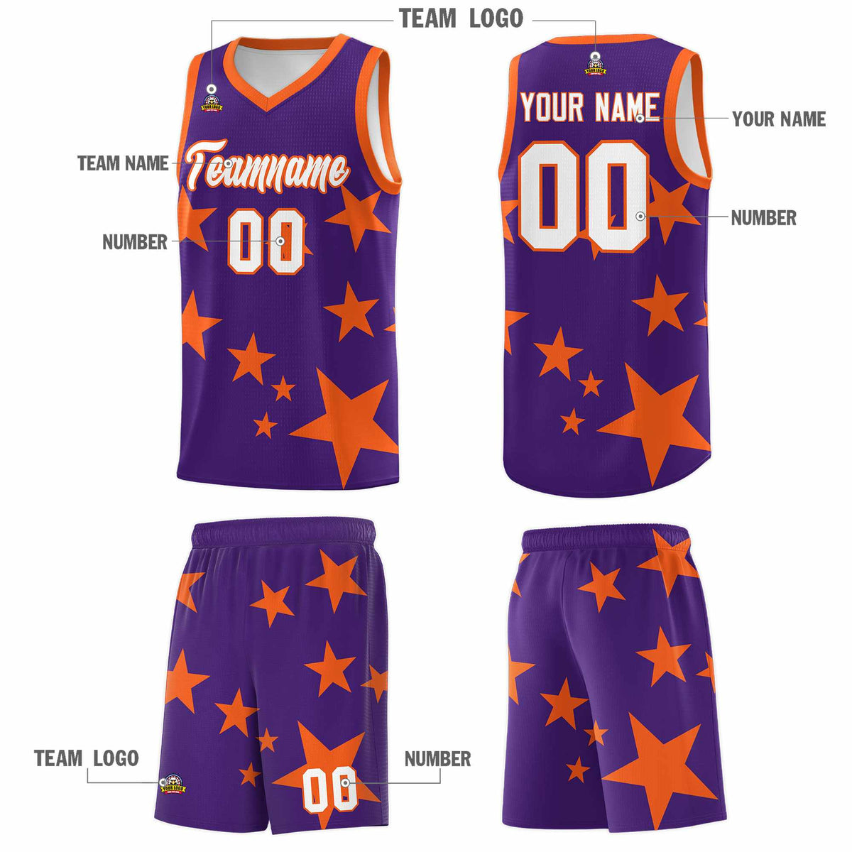 Custom Purple Orange Graffiti Pattern Star Print Basketball Kits Sets