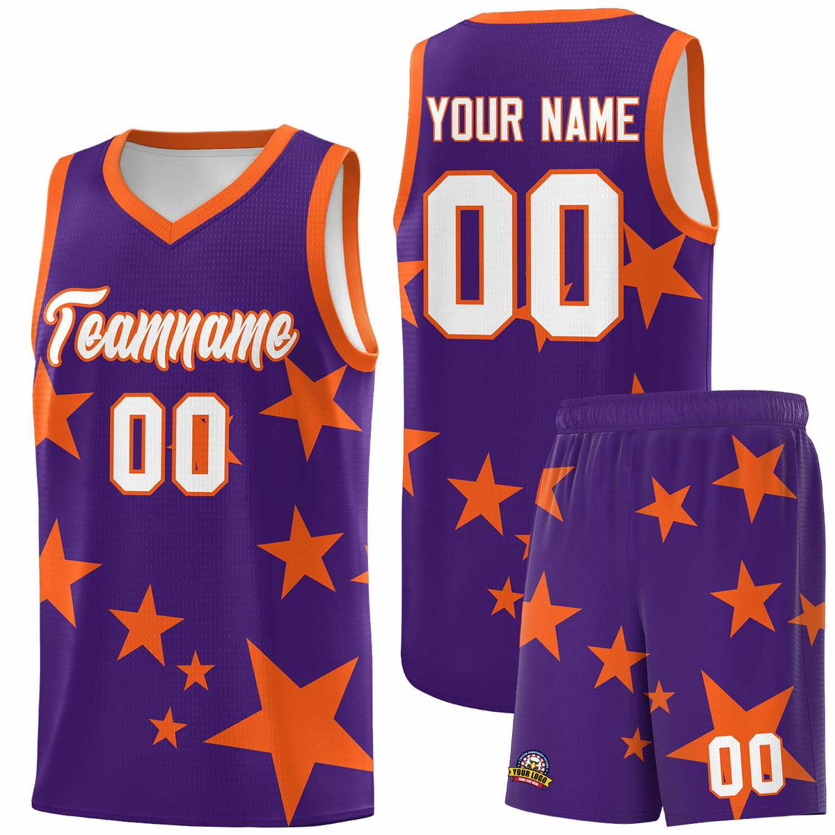Custom Purple Orange Graffiti Pattern Star Print Basketball Kits Sets