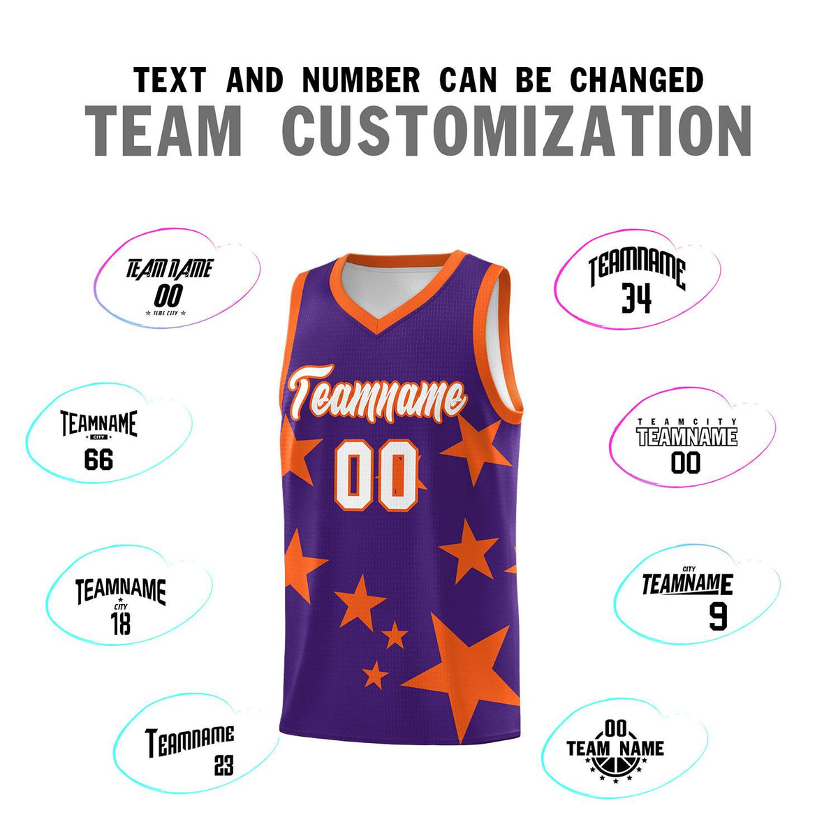 Custom Purple Orange Graffiti Pattern Star Print Basketball Kits Sets