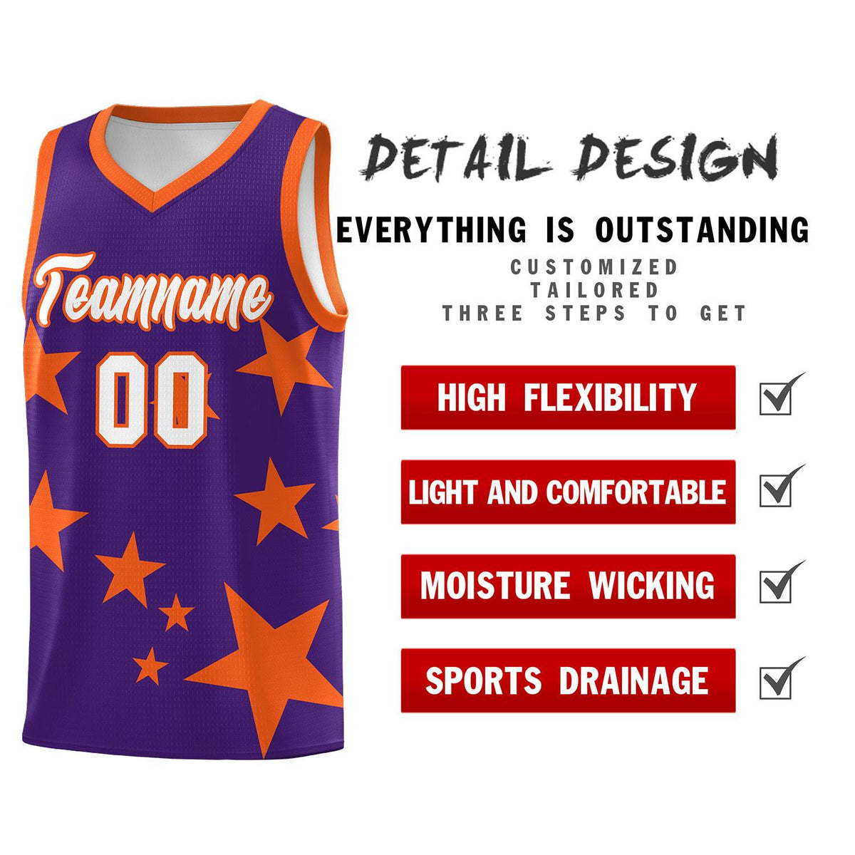 Custom Purple Orange Graffiti Pattern Star Print Basketball Kits Sets