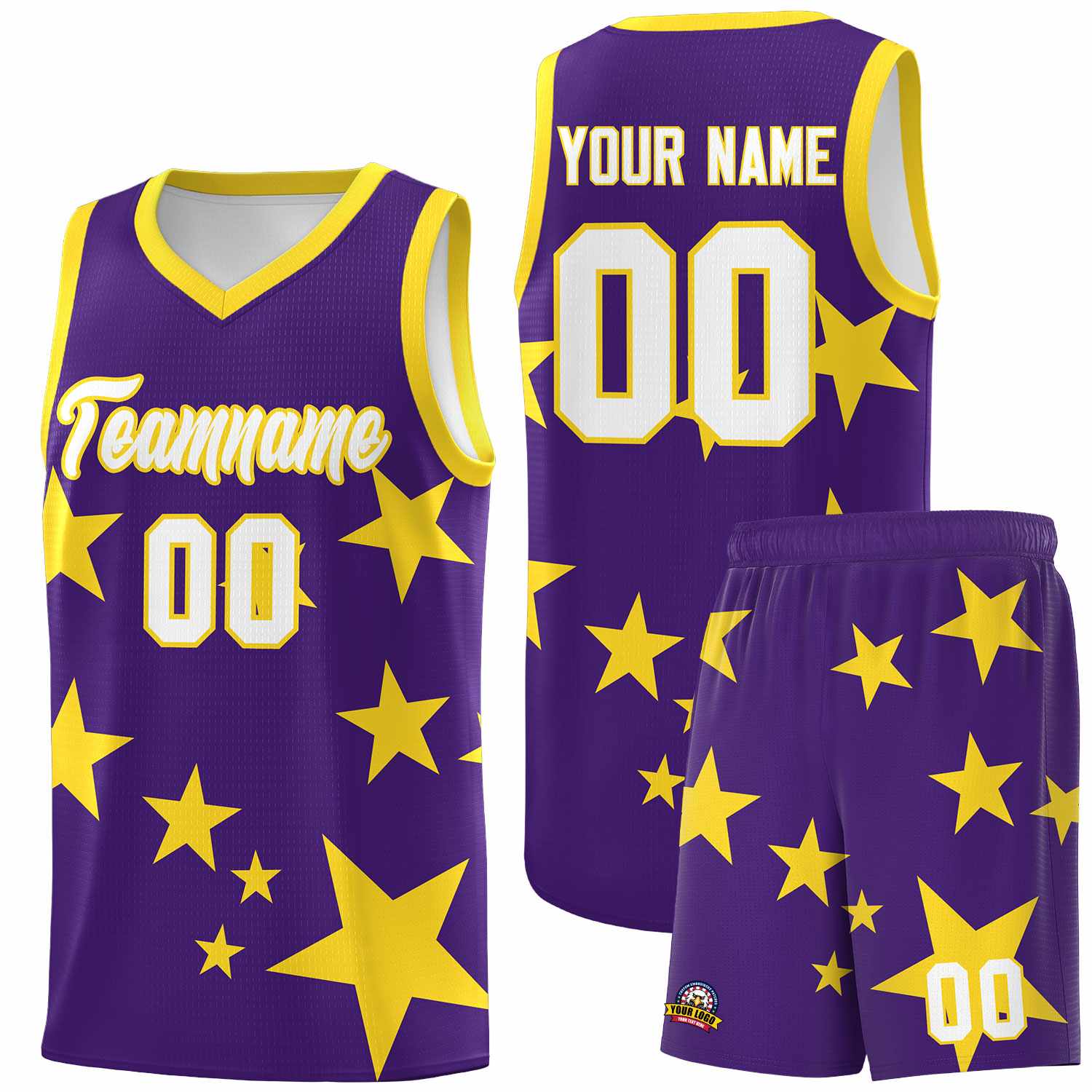 Custom Purple Gold Graffiti Pattern Star Print Basketball Kits Sets