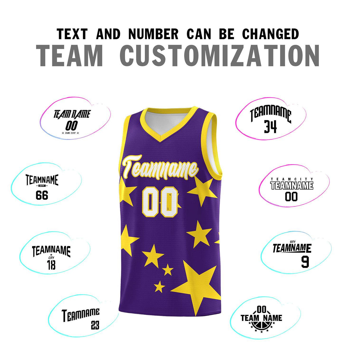 Custom Purple Gold Graffiti Pattern Star Print Basketball Kits Sets