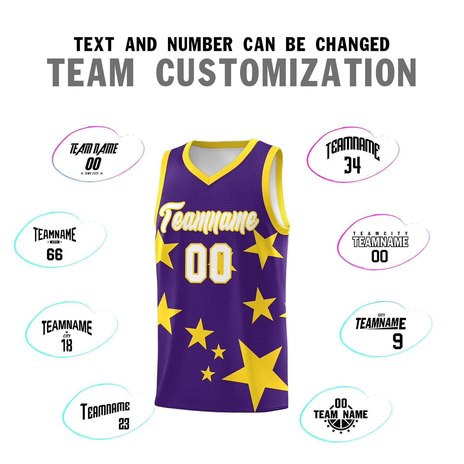 Custom Purple Gold Graffiti Pattern Star Print Basketball Kits Sets