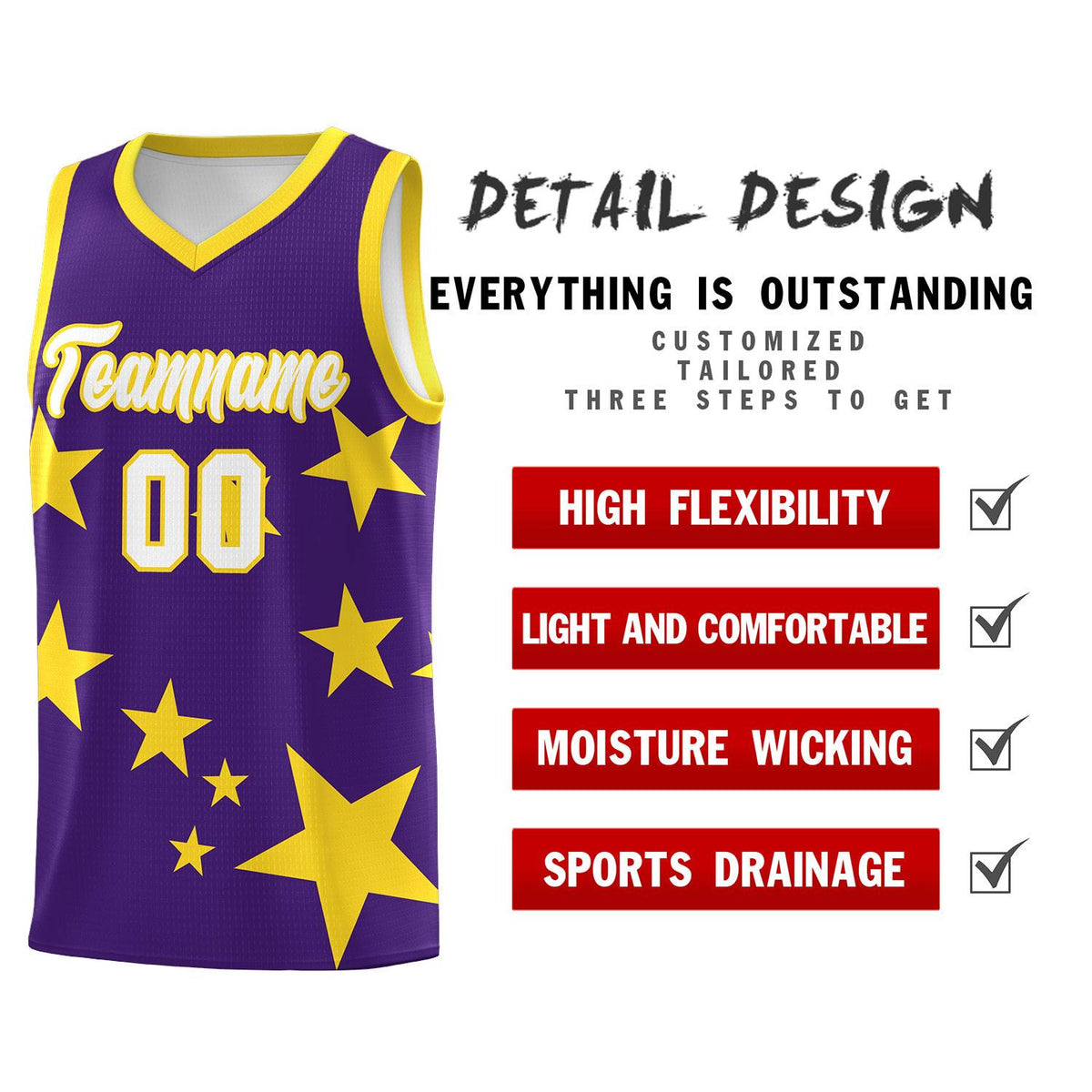 Custom Purple Gold Graffiti Pattern Star Print Basketball Kits Sets