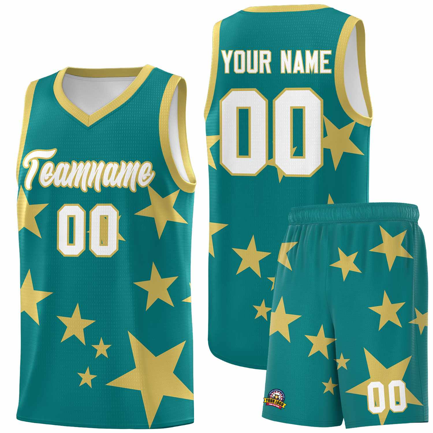 Custom Aqua Old Gold Graffiti Pattern Star Print Basketball Kits Sets